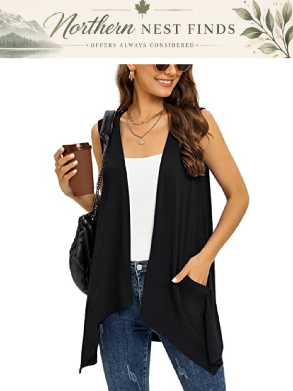 Lightweight Sleeveless Cardigan Vest Open Front Draped High Low Hem with Pockets